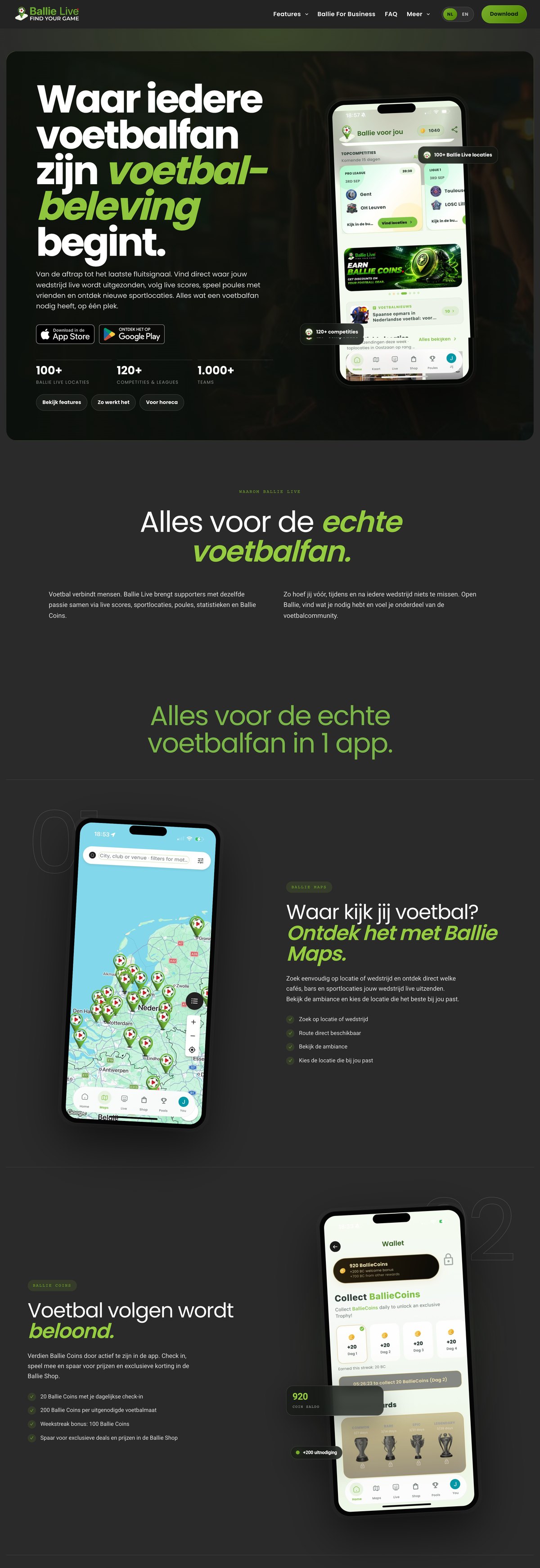 Homepage of the Ballie Live website with app screens, by Mixx'd Media